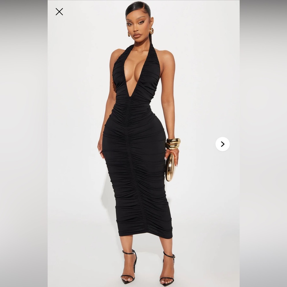 Keke Ruched Deep V Midi Dress - Black